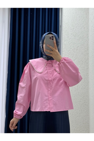 Mihra Sanonia Κοντό Πουκάμισο Ποπλίνα με Πέρλες στο Γιακά-NA792 Ροζ