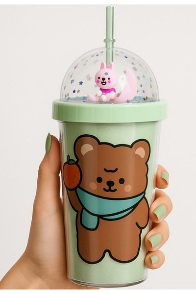 BiTon Toptan Water Bottle with Straw, Led Light, Double Layer Mica Water Bottle, Teddy Bear Themed 2092 Green