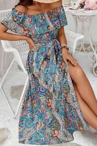 Mossta Madonna Collar Slit Detailed Long Dress - Blue