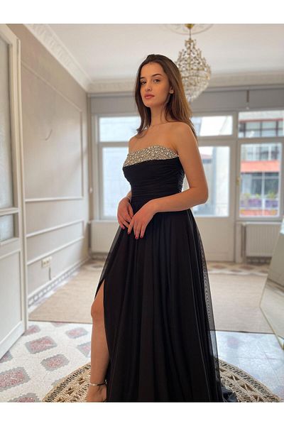Biçanta Chiffon Tulle with Chest Stone Detail Long Slit Evening Dress Wedding Engagement Graduation