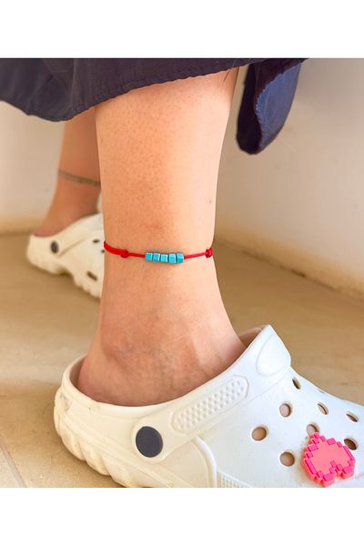 Atelier Çağla Natural Blue Cube Turquoise Stone Red Thread Anklet