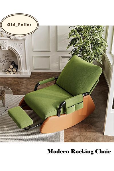 Old_Feller Modern rocking chair with footrest, side pockets & adjustable high back. For balcony, living room