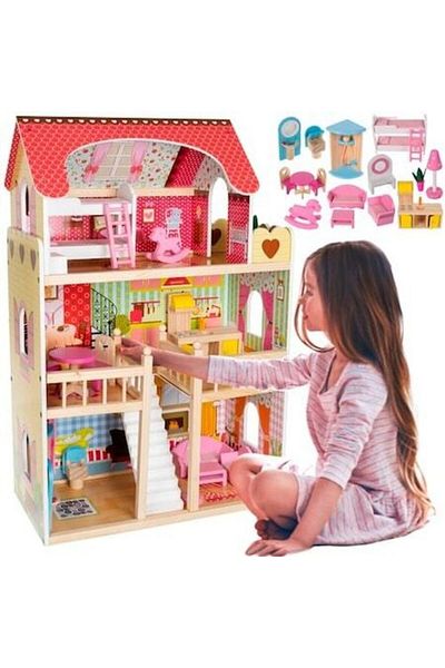 indiggo Casă de păpuși din lemn PinkPalace cu lumini LED