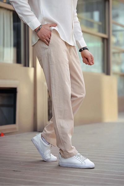 1blood Beige Color Men's Summer Linen Blend Relaxed Trousers Beige