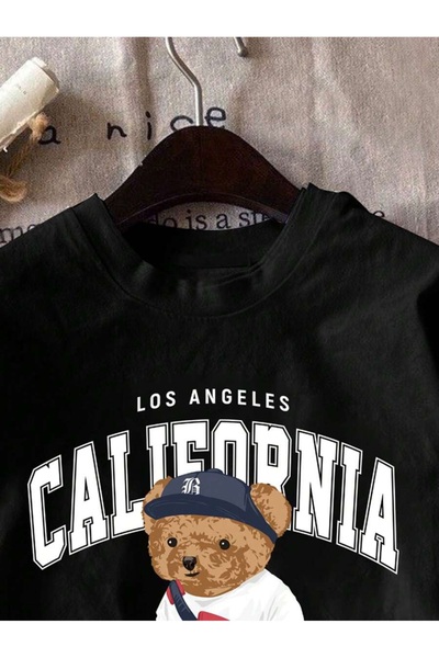 ELNOYA Unisex Cotton Black Oversize "Teddy Bear to California" Printed Comfortable Daily T-Shirt