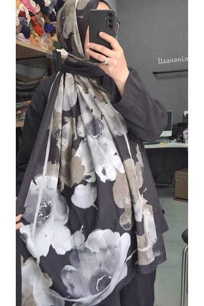 AMİNENESİL Aminenesil Bamboo Kraş Flower Pattern Shawl Black Gray Green Color