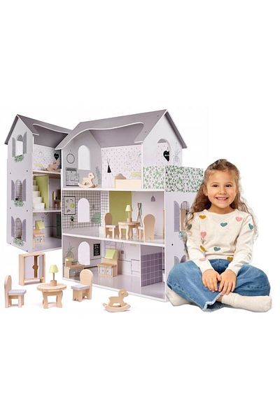 indiggo Casuta de Papusi, din Lemn de Calitate, Fancy Villa, 3 Niveluri, 4 Camere, Balcon si Scara Interioar