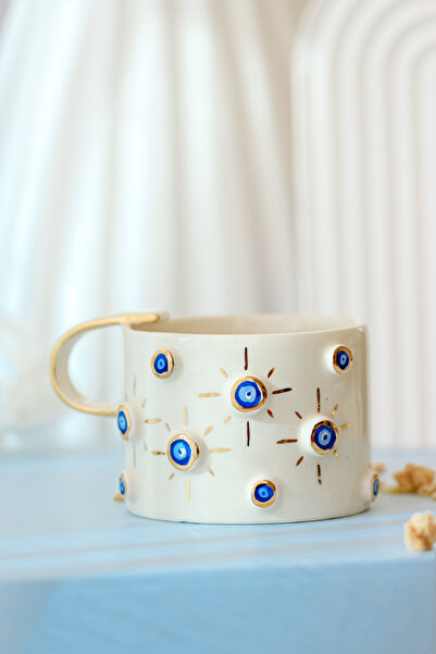 Hypnos Coffee Evil Eye Bead Figured Handmade Mug Ceramic Mug Cup with 24 Carat Gold Decoration - 220 ml