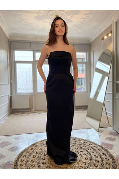 Biçanta Satin Fabric Strapless Modern Fit Evening Dress Wedding Engagement Graduation