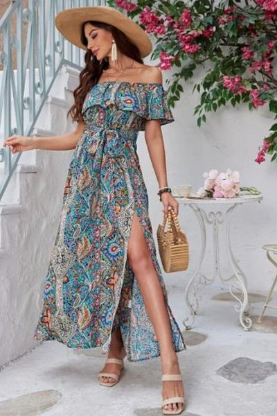 Mossta Madonna Collar Slit Detailed Long Dress - Blue