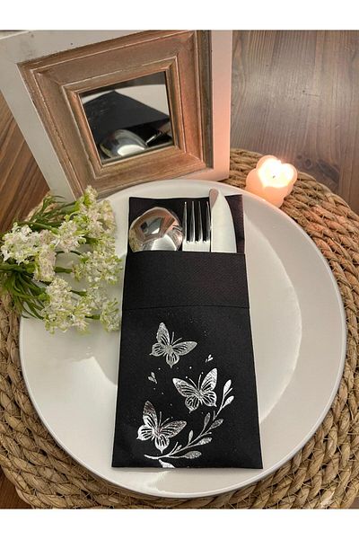 kidspartim Silver Gilded Black Fabric Textured Air Laid Kangaroo Butterfly Leaf Detailed Pocket Napkin Set of 6
