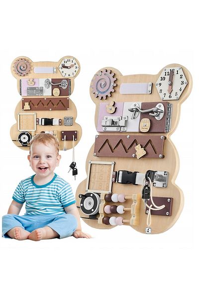 indiggo Tablă senzorială Montessori 14 în 1 din lemn natural - Busy Bear Indiggo®