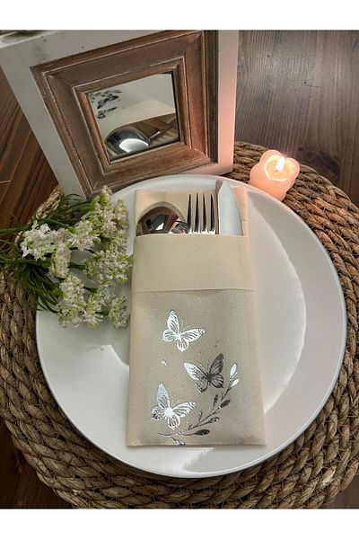 kidspartim Silver Gilded Cream Fabric Textured Air Laid Kangaroo Butterfly Leaf Detailed Pocket Napkin Set of 6