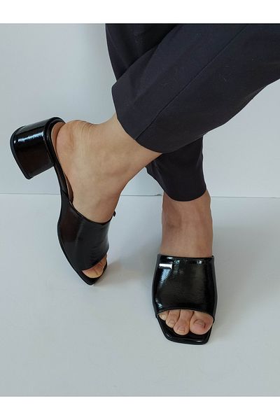 ERS Air Comfort Women's Black Patent Leather Genuine Leather Heeled Slippers with Buckle Stylish Daily