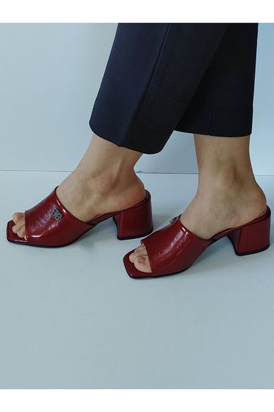 ERS Air Comfort Women's Burgundy Patent Leather Genuine Leather Heeled Slippers with Buckle Daily
