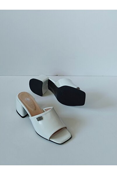 ERS Air Comfort Women's White Patent Leather Genuine Leather Heeled Slippers with Buckle Daily