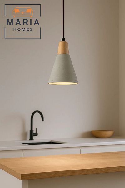 MARIA HOMES Tall Cone Pendant Light with White Texture and Wood Top