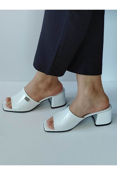 ERS Air Comfort Women's White Patent Leather Genuine Leather Heeled Slippers with Buckle Daily