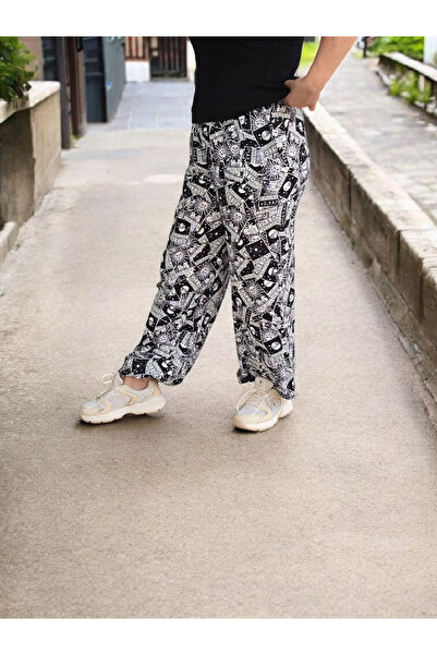 Usaspor Black and White Tarot Card Pattern Oversize Cut Loose Leg Pants