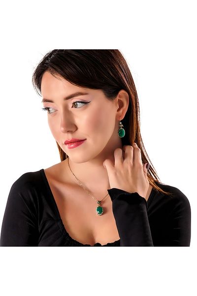 Atelier LEO Handmade Jewellery Kösem Sultan Root Green Earrings Necklace Set Copper Hand Made Zircon Stone No Tarnishing Women's Jewelry Set