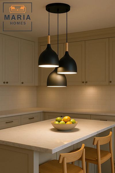 MARIA HOMES Triple Matte Black Pendant Light with Wood Accent