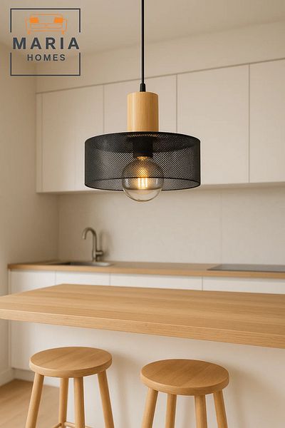 MARIA HOMES Black Mesh Pendant Light with Wood Accent