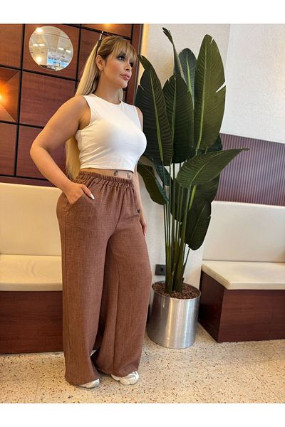 Butik Nilyam Women's Plus Size Sofia Linen Casual Trousers with Elastic Waist and Pockets 21070