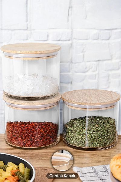 LUMİNA Set of 3 Glass Spice Jars with Bamboo Lids - Spice Storage Container Vacuum Jar with Lid 500 ml