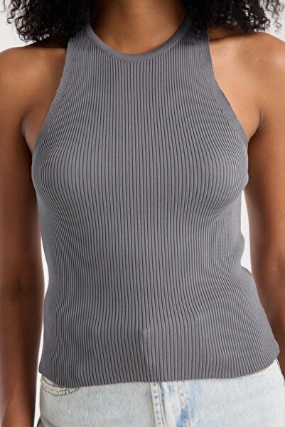 İLKCET MODA Fitilli Kolsuz Halter Yaka Kadın Crop Triko