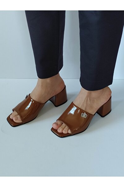 ERS Air Comfort Women's Tan Patent Leather Genuine Leather Heeled Slippers with Buckle Daily