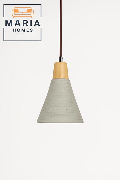 MARIA HOMES Tall Cone Pendant Light with White Texture and Wood Top