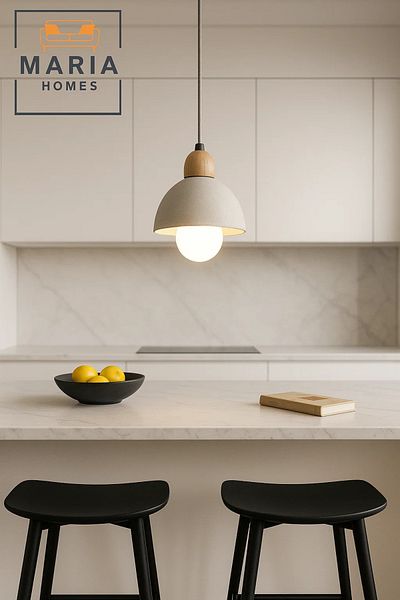 MARIA HOMES Compact White Dome Pendant Light with Wood Accent
