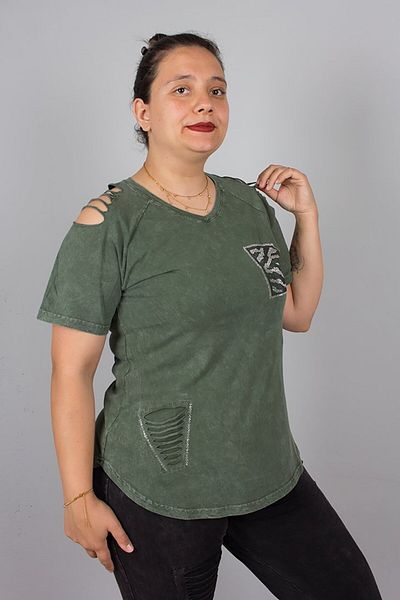 Truva XXL Green V-Neck Shoulder Detail Stoned Washed Cotton Blouse – Stylish and Comfortable Design