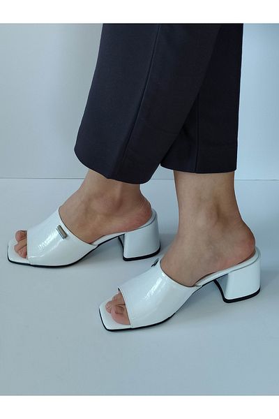 ERS Air Comfort Women's White Patent Leather Genuine Leather Heeled Slippers with Buckle Stylish Daily