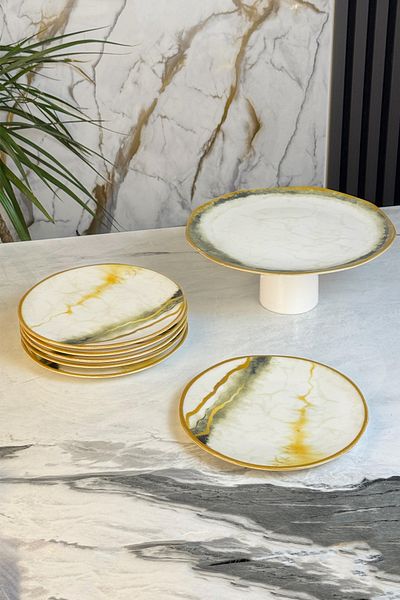 MAY HOME 7 Piece Yeh Porcelain Cake Presentation Set with Stand & Footed Cake Pastry Cookie Serving Set