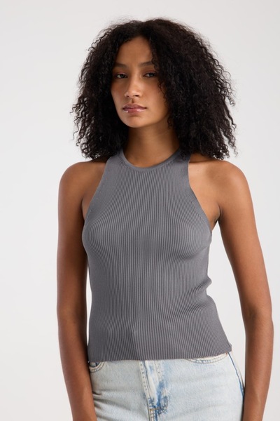 İLKCET MODA Fitilli Kolsuz Halter Yaka Kadın Crop Triko