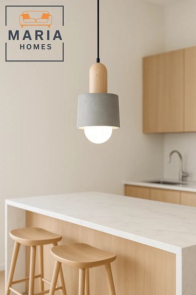 MARIA HOMES Compact Grey Pendant Light with Wooden Top
