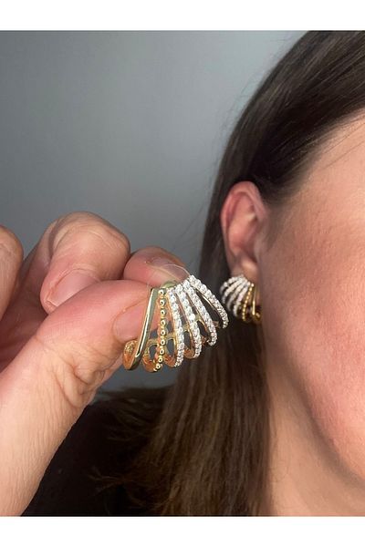 ALS Tasarım Dünyası Women's Gold and Zircon Stone Single Ear Hole Multi-Look Earrings