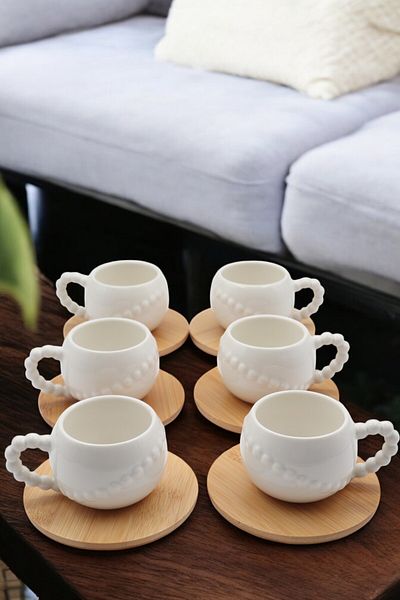 LUMİNA 12 Pieces Bamboo Bottom Beads Coffee Cup Set Porcelain