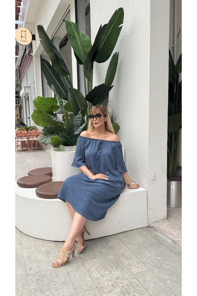 Butik Nilyam Women's Plus Size Rubber Neck Short Sleeve Sofia Linen Dress