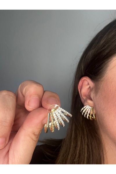 ALS Tasarım Dünyası Kadın Gold Ve Zirkon Taşlı Tek Kulak Deliğinde Çoklu Görünümlü Küpe