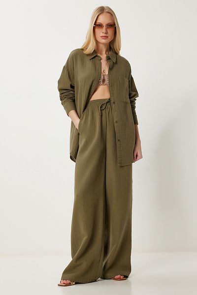 Lovelyİstanbul Oversize Muslin Shirt Trousers Set Khaki Lsa0014