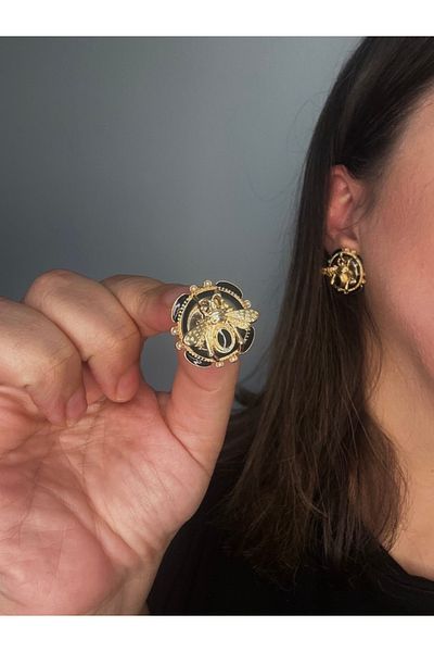 ALS Tasarım Dünyası Women's Black and Gold Matching Bee Model Round Model Steel Earrings