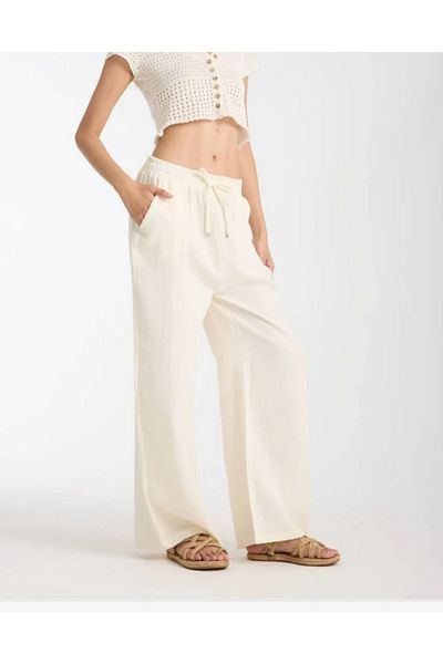 atelyu Women's Stone Color Muslin Wide Leg Pants