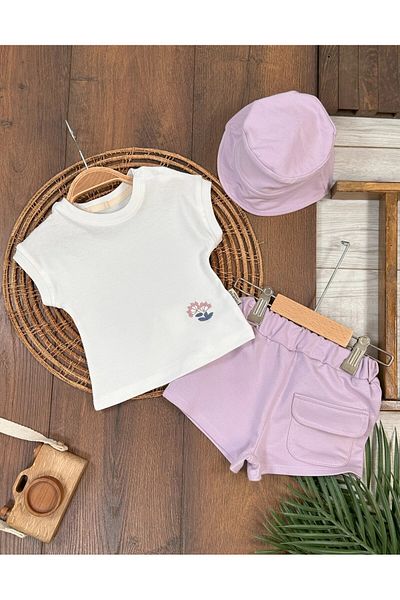 Adda Baby Flower Embroidered Hat Badi 3-Piece Summer Cotton Bottom Top Baby Girl Set