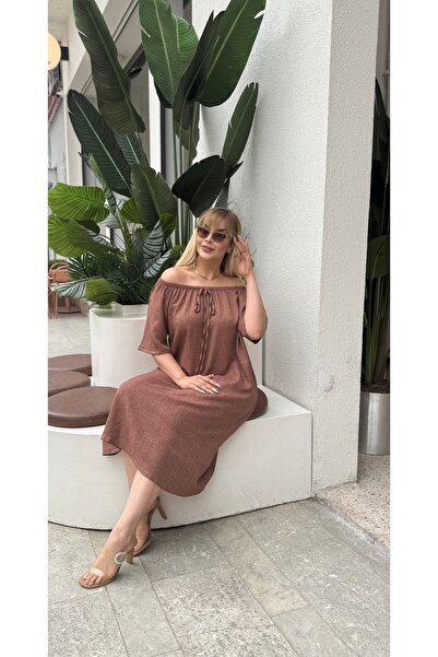 Butik Nilyam Γυναικείο λινό φόρεμα Sofia με κοντό μανίκι με λαιμόκοψη σε μεγάλο μέγεθος 24780