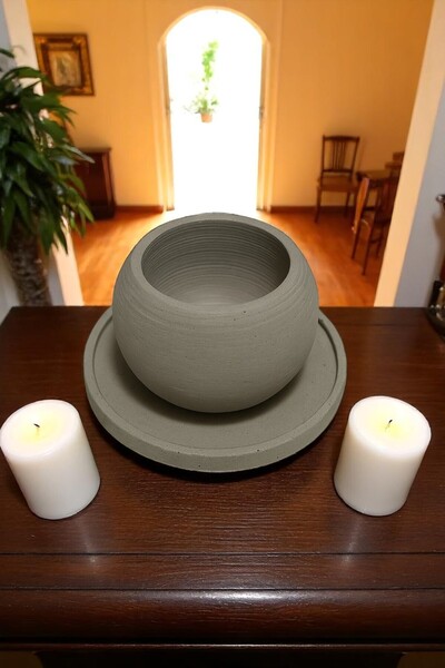 ERSE HOME Gri Renk Dekoratif Tabaklı Yuvarlak Mumluk 2'li Set