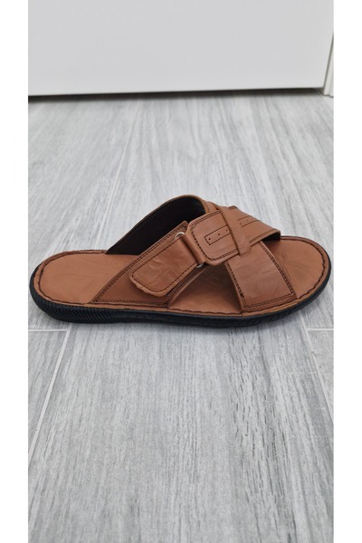 MODESA BY KAVCAR Genuine Real Leather Men's Slippers Summer Lightweight Anti-Sweat Slippers Leather Tan