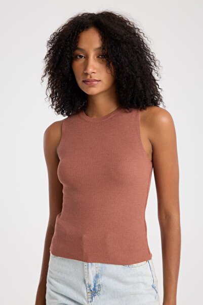 İLKCET MODA Βασικό καφέ αμάνικο γυναικείο πλεκτό