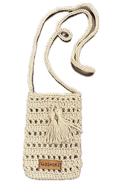 Goshıkı El Örgüsü Mini Çapraz Askılı Telefon/Günlük Çanta Makrome Krem 12x18